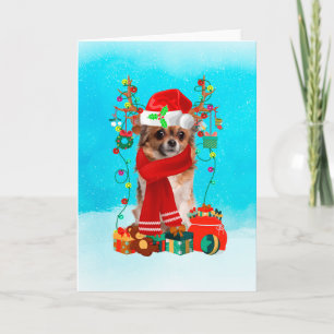 Tarjeta Chihuahua en la nieve con regalos de Navidades