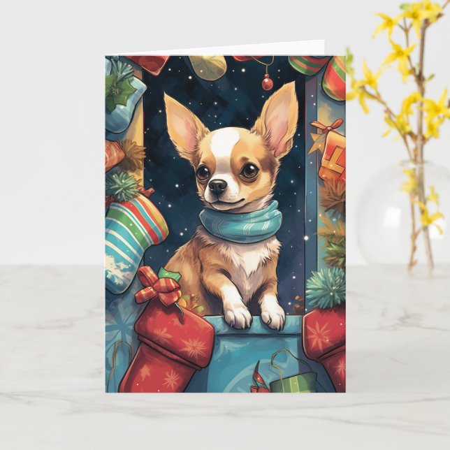 Tarjeta Chihuahua en Navidades festivos (flor amarilla)