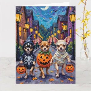 Tarjeta Chihuahua pidiendo dulces con disfraces de Hallowe