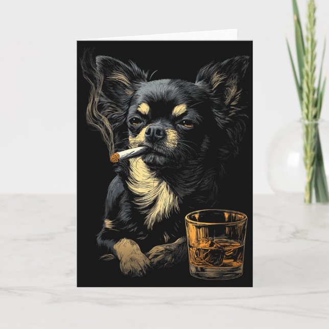 Tarjeta Chihuahua Smoking Cigarette Whisky Lover Funny Dog (Anverso)