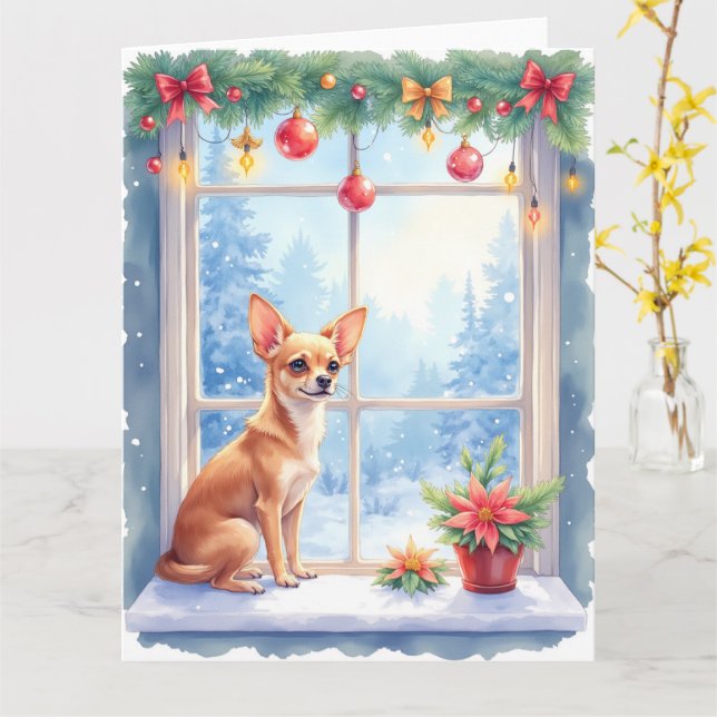 Tarjeta Chihuahua Snowy Windowsill Holiday Christmas Art (flor amarilla)
