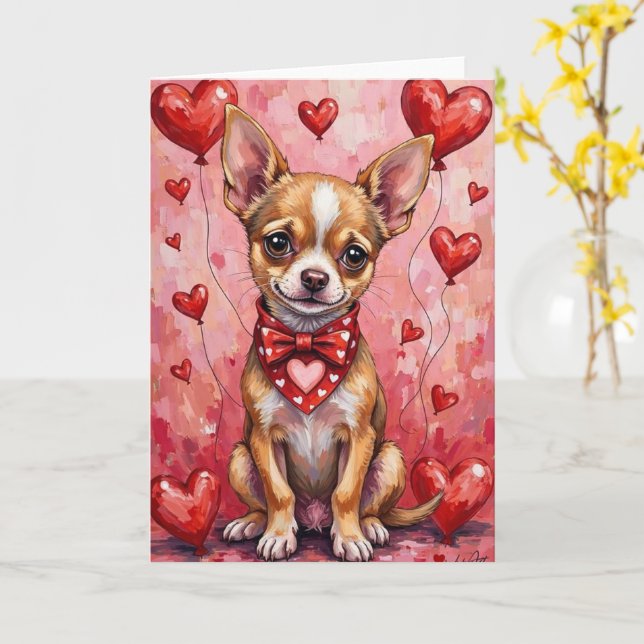 Tarjeta Chihuahua Valentine’s Day Dog with Hearts Red (flor amarilla)