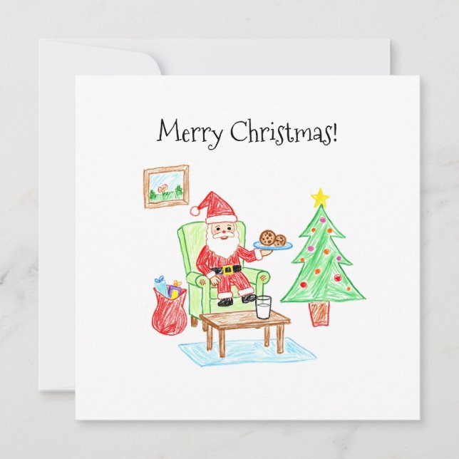 Tarjeta Child's Art Style Santa and Cookies Flat Greeting (Anverso)