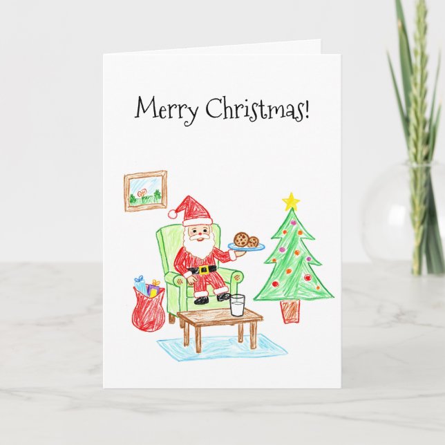 Tarjeta Child's Art Style Santa and Cookies Greeting (Anverso)