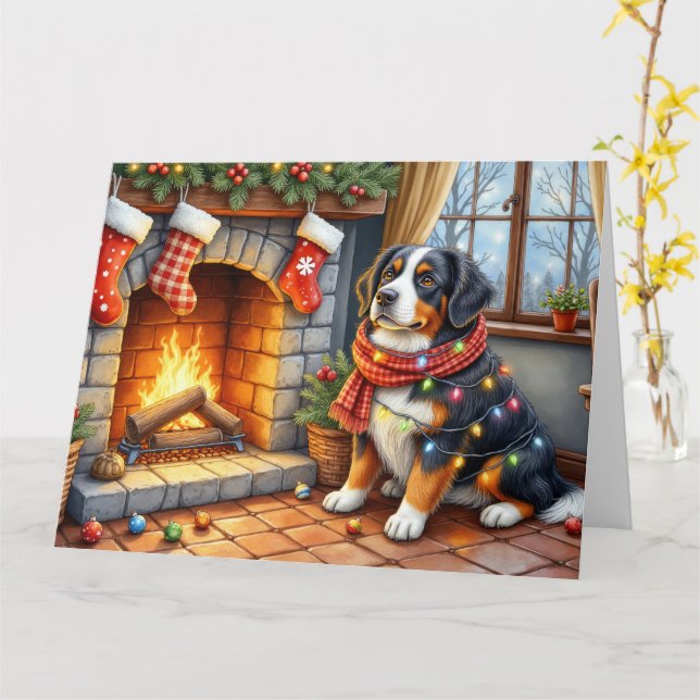 Tarjeta Chimenea con luces de Navidad del perro de montaña (flor amarilla)