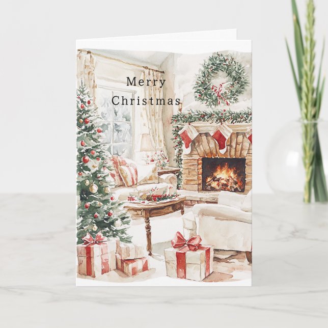 Tarjeta Chimenea de árbol de Navidad cálido (Anverso)