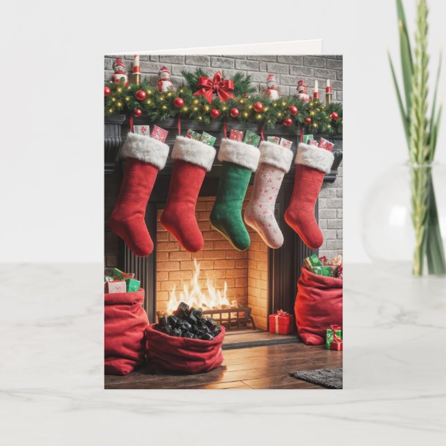 Tarjeta Chimenea de navidades con saco de carbón (Anverso)