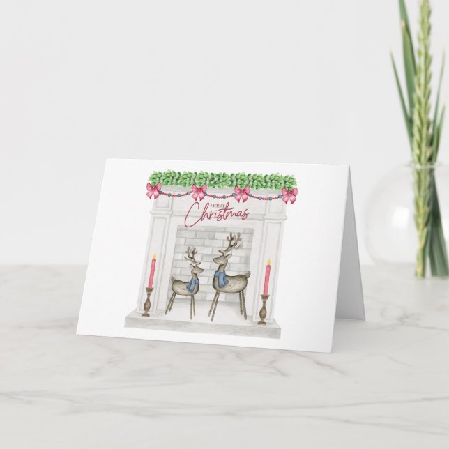 Tarjeta Chimenea decorada para Navidad con renos  (Anverso)