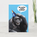 Tarjeta Chimpancé Viejo Funny Con Gorra Fiesta Cumpleaños<br><div class="desc">Parece que nuestros cumpleaños siguen viniendo más rápido y rápido. Este chimpancé no se ve tan emocionado al pensar,  "¡¿No es otro cumpleaños frenético?!" El interior dice sarcásticamente: "Trate de contener tu entusiasmo. ¡Feliz cumpleaños!"</div>