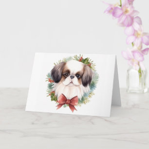 Tarjeta Chin Japonés Corona de Navidad Cachorro Festivo