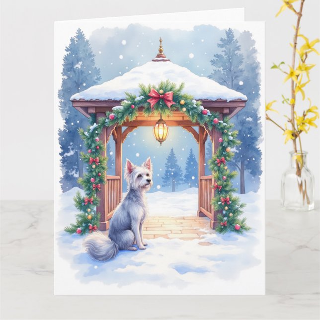 Tarjeta Chinese Crested Snowy Gazebo Christmas Art (flor amarilla)