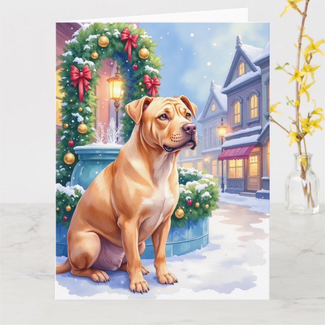 Tarjeta Chinese Shar-Pei Snowy Town Fountain Christmas Art (flor amarilla)