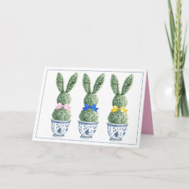 Tarjeta Chinoiserie Azul y Blanco con Topiaria de Conejos