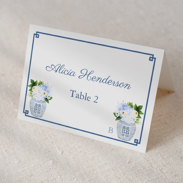 Tarjeta Chinoiserie Moda Navy Boda blanco (Elegant chinoiserie chic blue and white individual place card design)