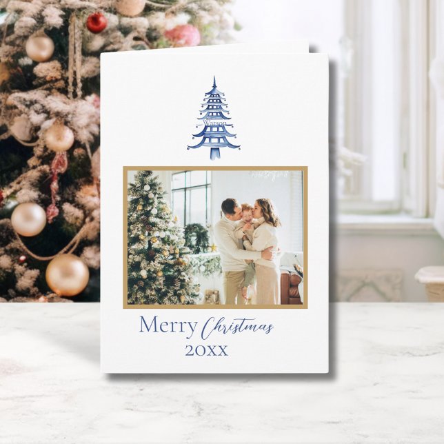 Tarjeta Chinoiserie Navidades Blue Pagoda 1-Foto (Chinoiserie Christmas Blue Pagoda 1-Photo Card)