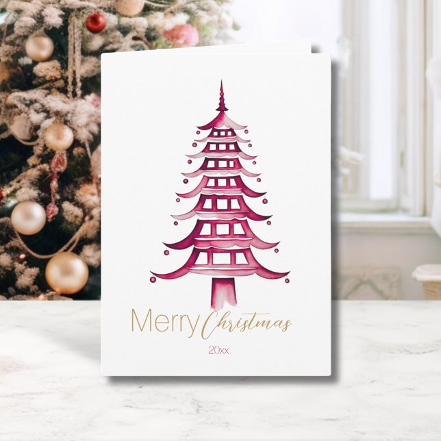 Tarjeta Chinoiserie roja Pagoda Árbol de Navidad (Red Chinoiserie Pagoda Christmas Tree Card)