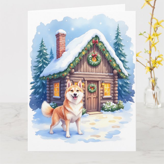 Tarjeta Chinook Rustic Log Cabin Christmas Art (flor amarilla)