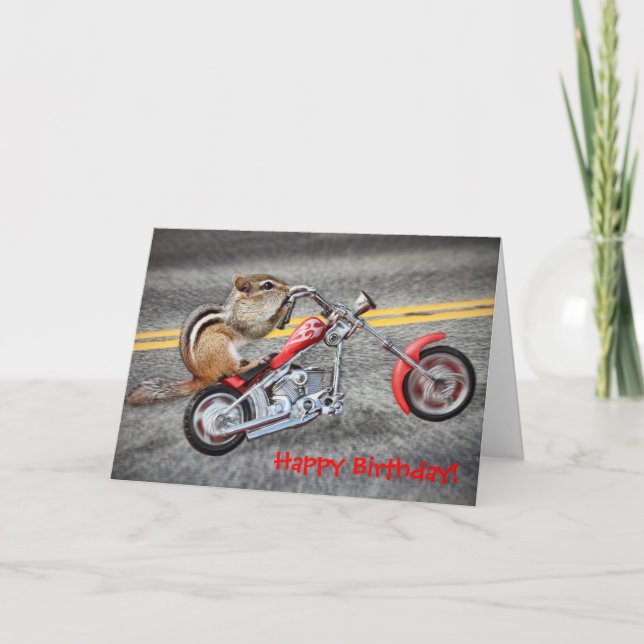 Tarjeta Chipmunk Biker montando una motocicleta (Anverso)