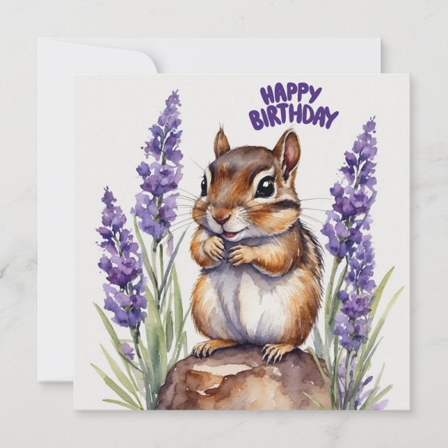 Tarjeta Chipmunk feliz cumpleaños con flores de lavanda (Anverso)
