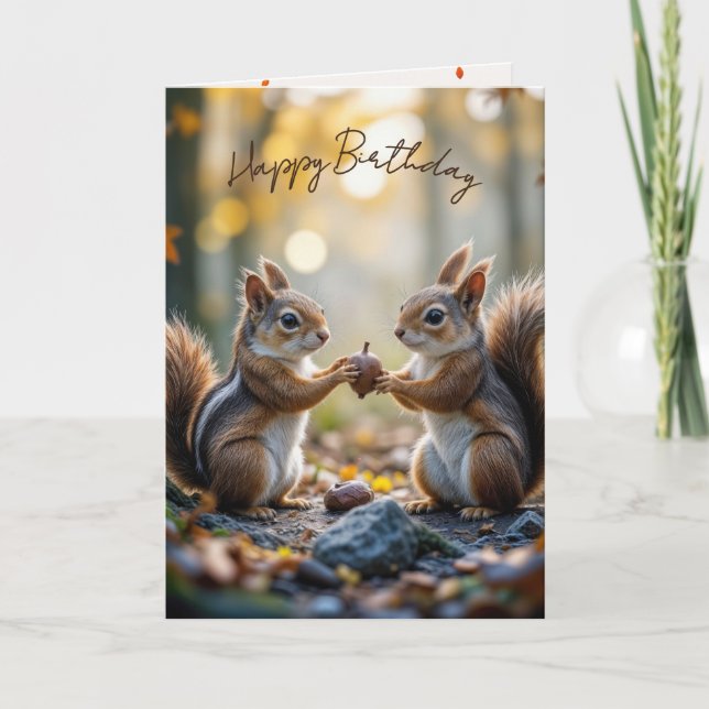 Tarjeta Chipmunk y ardilla de cumpleaños con maíz de otoño (Anverso)