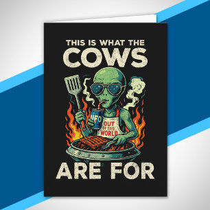 Tarjeta Chiste Retro de Abducción de Vaca a la Parrilla po