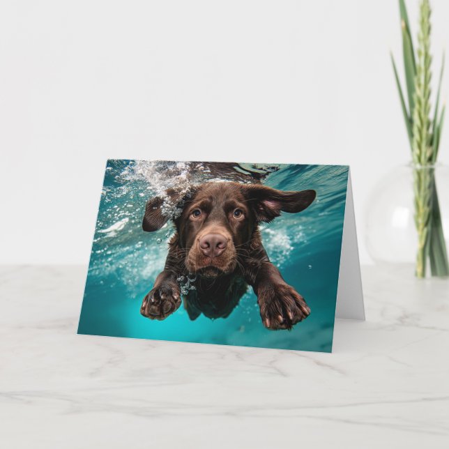 Tarjeta Chocolate labrador juguetón nadando bajo el agua (Anverso)