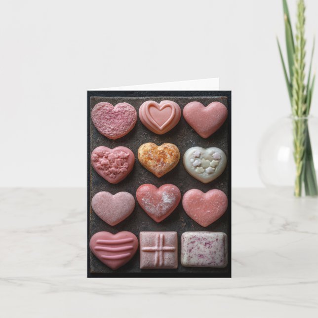Tarjeta chocolates con forma de corazón rosa saludando a V (Anverso)