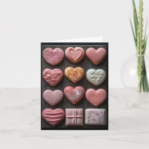 Tarjeta chocolates con forma de corazón rosa saludando a V