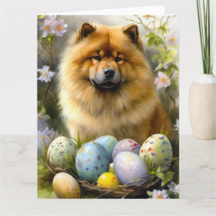 Tarjeta Chow Chow con festividad de huevos de Pascua