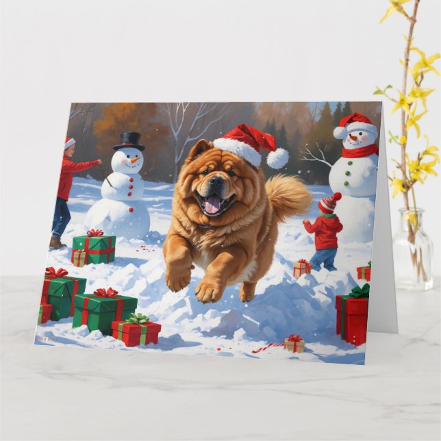 Tarjeta Chow Chow corre en Nieve con Gorra Navidad (flor amarilla)