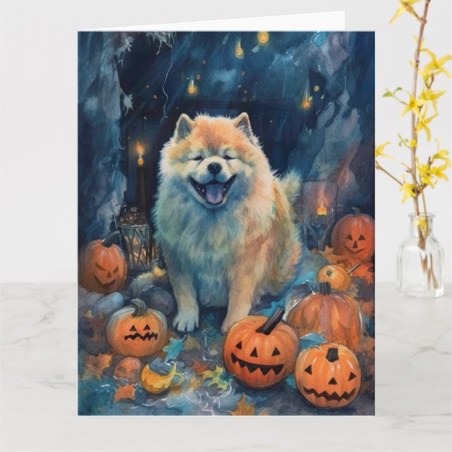 Tarjeta Chow Chow de Halloween con calabazas Espeluznante  (flor amarilla)