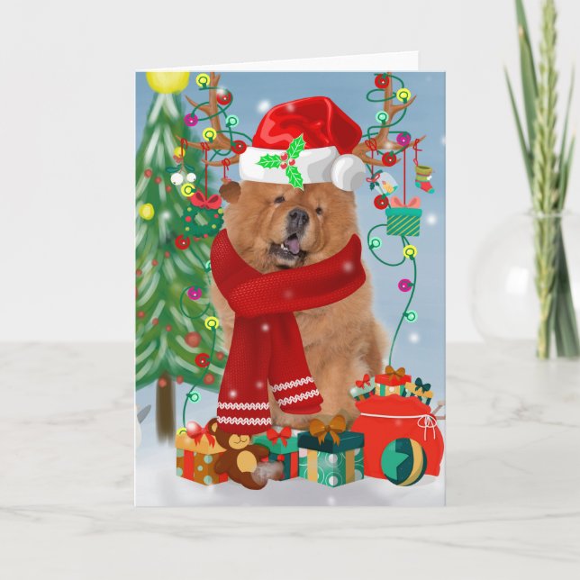 Tarjeta Chow Chow Dog en nieve con regalos de Navidades (Anverso)