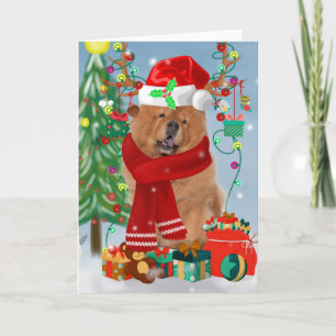 Tarjeta Chow Chow Dog en nieve con regalos de Navidades