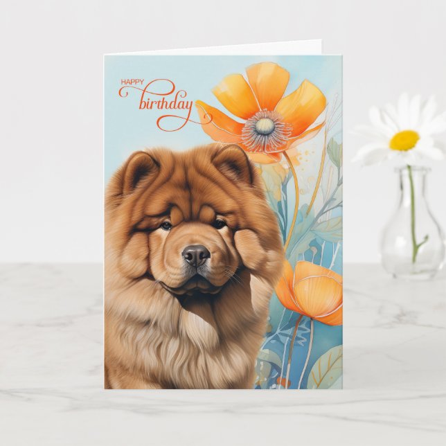 Tarjeta Chow Chow Dog in an Orange Poppy Garden Birthday (Planta pequeña)