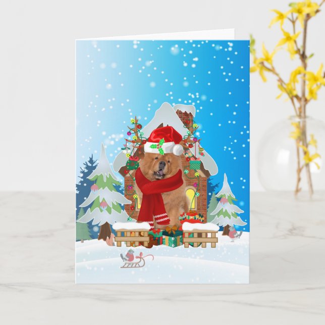 Tarjeta Chow Chow en la nieve con regalos de Navidades (flor amarilla)