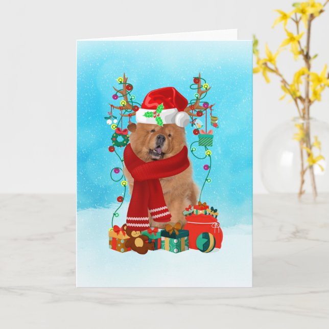 Tarjeta Chow Chow en la nieve con regalos de Navidades (flor amarilla)
