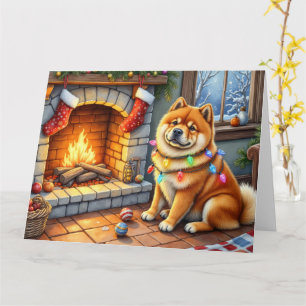 Tarjeta Chow Chow Sentado junto a Chimenea con Luces de Na