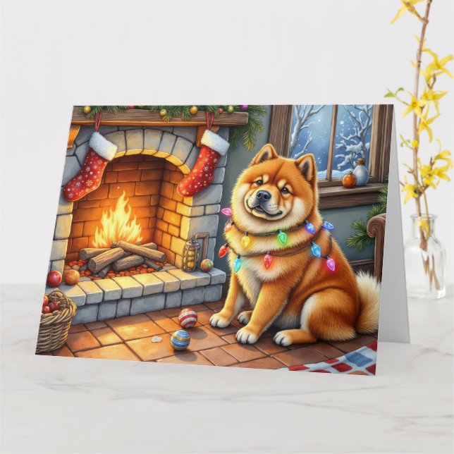 Tarjeta Chow Chow Sitting Fireplace with Christmas Lights (flor amarilla)