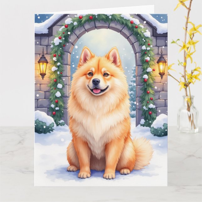Tarjeta Chow Chow Snowy Stone Courtyard Christmas Art (flor amarilla)