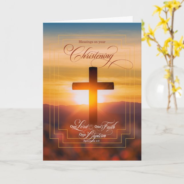 Tarjeta Christening Blessings Christian Cross y Ephesian (flor amarilla)