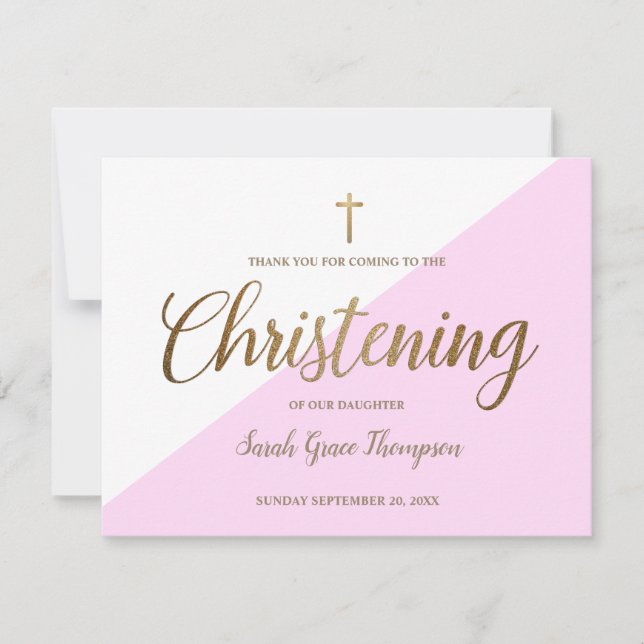 Tarjeta Christening Gracias Bebé Muchacha Simple Pink Gold (Anverso)