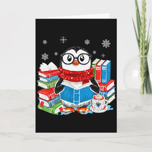 Tarjeta Christmas A Penguin Reading Book Snowflake Cocoa H (Anverso)