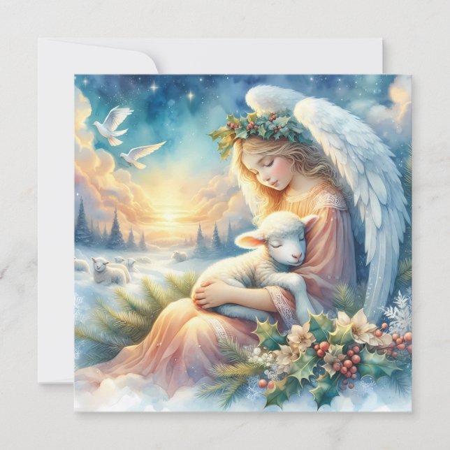 Tarjeta Christmas Angel with Lamb in Winter Peace (Anverso)