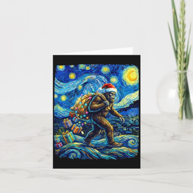 Tarjeta Christmas Bigfoot Santa Hat Van Gogh Starry Night  (Anverso)