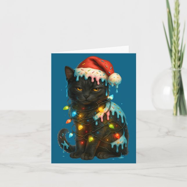 Tarjeta Christmas Black Cat Ice Cream Drip Santa Hat Cute  (Anverso)