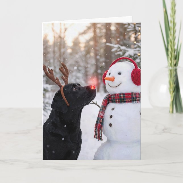 Tarjeta Christmas Black Labrador Retriever with Snowman (Anverso)