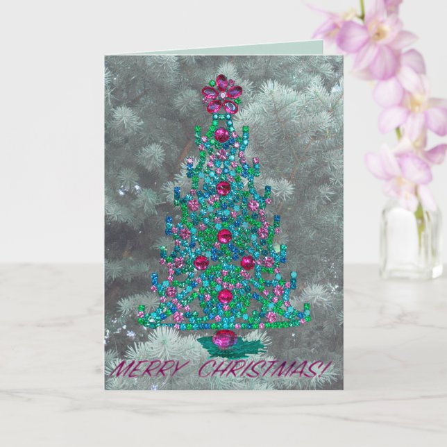 Tarjeta Christmas Blessing for year ahead with tree & gems (Orquídea)
