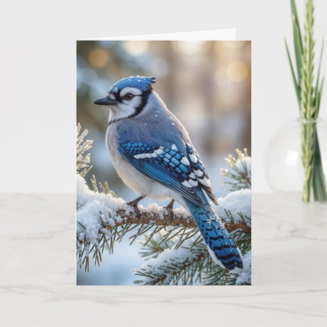Tarjeta Christmas Blue Jay On a Snowy Pine  (Anverso)