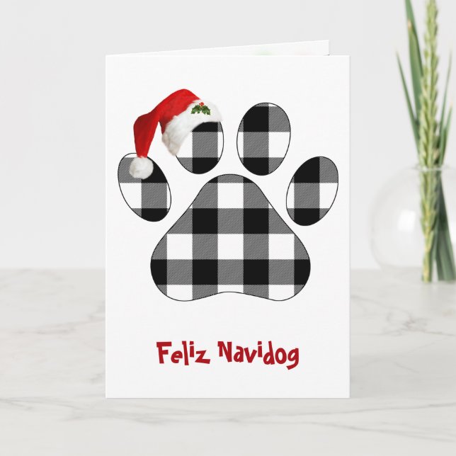 Tarjeta Christmas Buffalo Plaid Dog Paw Print and Hat (Anverso)