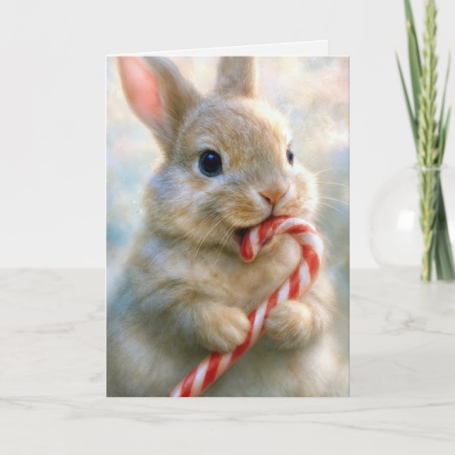 Tarjeta Christmas Bunny Rabbit Nibbling On a Candy Cane (Anverso)